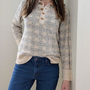 Vintage Preppy Neutral Checkered 1/4 Button Down Henley Sweater In Ivory/Gray